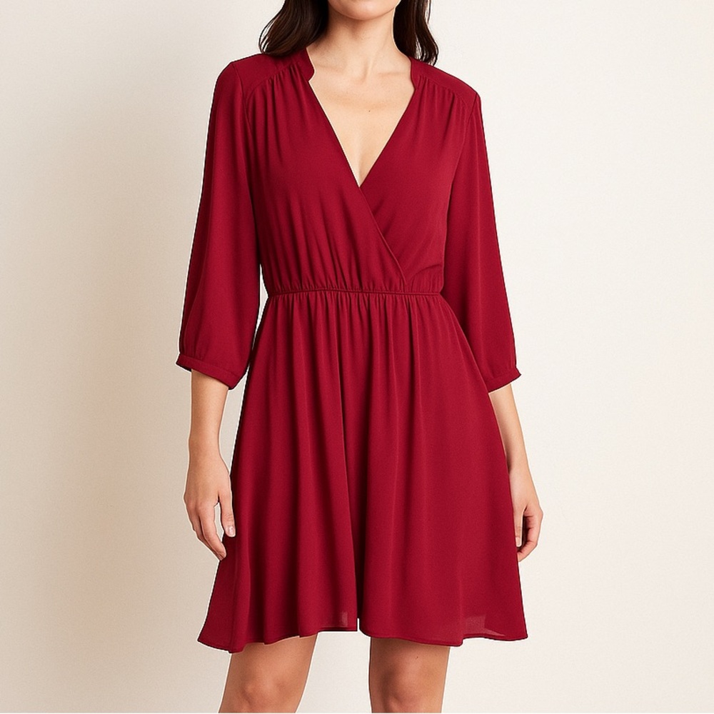 Mi Ami Francesca’s Burgundy Red Quarter Sleeve V-cut Mini Dress Spring Dance